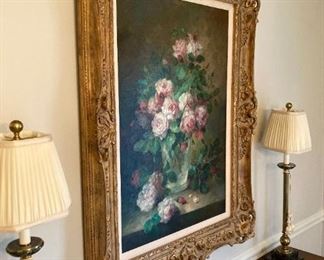 Wildwood brass stick lamps, and elegantly framed signed J. Petrella bouquet painting