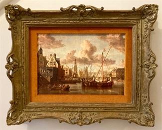 Elegantly framed velvet mat sea port painting