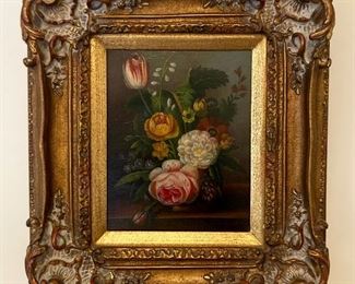 Signed L. Backer floral painting in elegant frame