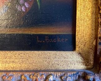 Signed L. Backer floral painting in elegant frame