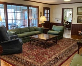 Golden Power Lift & Recline chair, vintage Baker Furniture square coffee table, vintage Woodmark Originals sofa, vintage Woodmark Originals chair, Zaki oriental area rug (made in India)