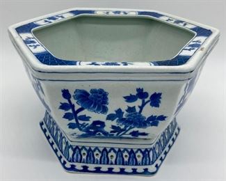 Blue and white floral planter