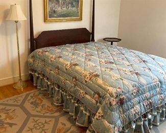 Vintage pencil post headboard with frame, mattress and box springs; Crown Craft comfortable set; vintage brass floor lamp; Ardley Hall claw & ball wine table; framed Gari Melchers "Unpretentious Garden"; Zaki hand woven 8'9" x 11'9" area rug