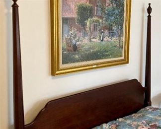 Vintage pencil post headboard with frame, mattress and box springs; Crown Craft comfortable set; framed Gari Melchers "Unpretentious Garden"