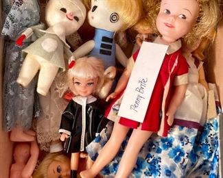 Vintage dolls including: 1967 Hasbro Storykins Goldilocks, 1967 Hasbro Storykins Cinderella, 1967 J. Swedlin Mini Martian doll, 1967 Uneeda doll with rain gear (Hong Kong), 1963 Deluxe Reading Penny Brite, Forsum doll (Japan), plastic carnival doll, Hong Kong doll, 1960s Forsum #783 (Japan)