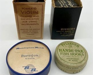 Vintage Poehland violin cleaner, vintage Remington Road Paragon ribbon, vintage Pfleuger Hande-Pak fish hooks, vintage Higgins ink
