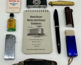 Vintage smalls including matchbooks, writing items, lighters, pocket knives, and more