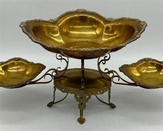 Vintage brass three bowl serving piece