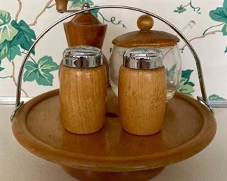 Vintage wooden seasoning set with carrying tray