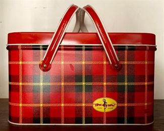 Vintage metal Hoot Mon plaid picnic basket
