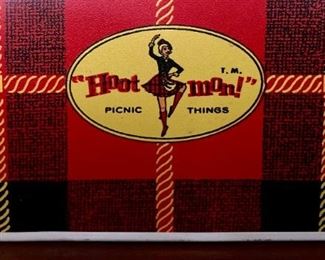 Vintage metal Hoot Mon plaid picnic basket