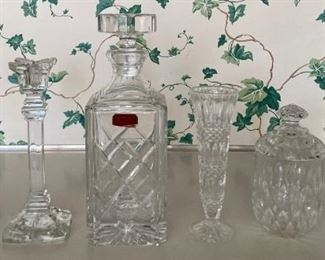 Vintage Gorham crystal decanter; glass candlestick holders; glass bud vase; glass candy dishes with lids