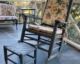 Wooden cane bottom rocker and foot stool