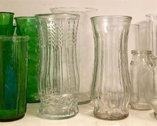 Vintage green and clear flower vases