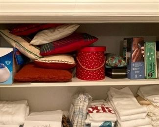 Vicks vaporizer, holiday throw pillows, electric razor, assorted linens