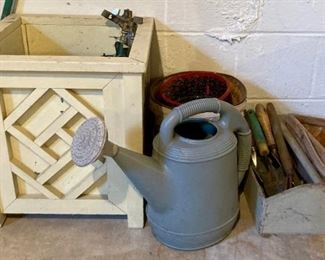 Outdoor square planter box, watering can, gardening tools