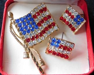 Rhinestone Flag Pin and Earrings
