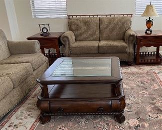 Beautiful Sofa and Loveseat, Coffee Table, Pair of End Tables,  Area Rug, Wall Shelf, Area Rug 8'2" x 11'15"