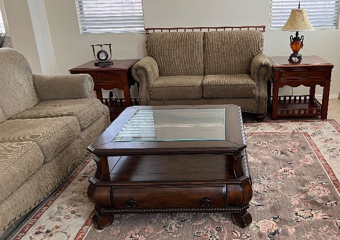 Beautiful Sofa and Loveseat, Coffee Table, Pair of End Tables,  Area Rug, Wall Shelf, Area Rug 8'2" x 11'15"