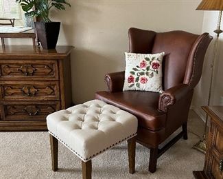 Pottery Barn Leather Wingback Chair, Ottoman, Floor Lamp
