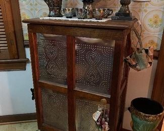 Handcrafted pie safe with antique wood using new tins, Fenton Orange tree carnival glass punch bowl with cups, Northwood Raspberry Pitcher