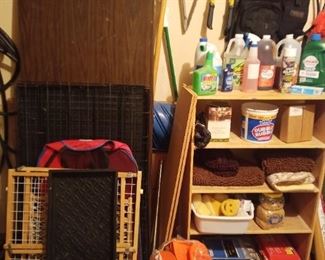 Garage items, dog crate, folding table and cleaning supplies
