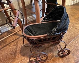 Antique Victorian baby doll carriage with folding hood