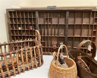 Antique Shadow box and various baskets