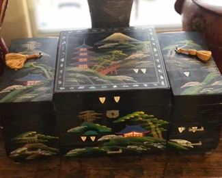 Vintage Japanese Black Lacquer Hand Painted Jewelry Box