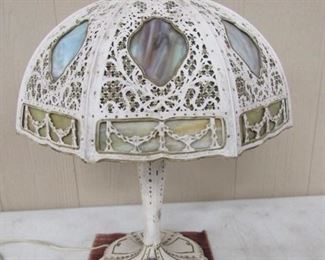 Antique Iron Base Slag Glass Lamp