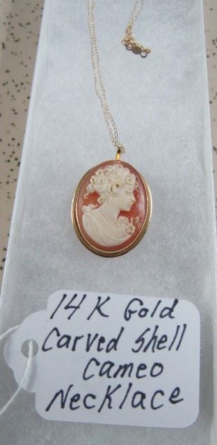 14K Gold & Carved Shell Cameo Necklace