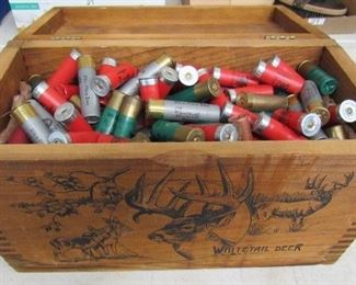 Wood Box Full of 12-Gauge Shotgun Shells