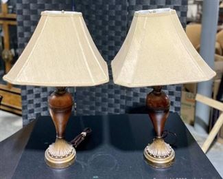 Pair of Wood Resin Based Lamps with Beige Satin Shades