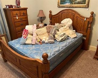 Full size four poster bed with head, foot, side rails, mattress and box frame thin chest 
