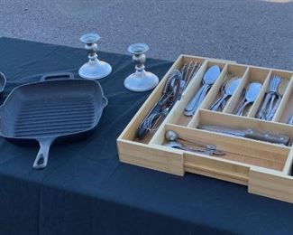 Cast Iron, Pewter Candlestick Holders, Silverware, And More