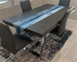 Stylish Dining Table, Chairs, Rug, And Table Runner