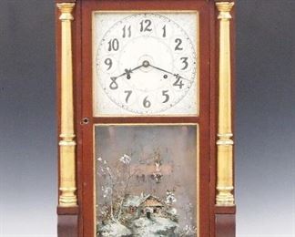 A late 19th century Seth Thomas shelf clock.  30-hr weight driven lyre movement with painted metal dial and Arabic numerals.  Mahogany case with a broken arch crest and carved detail over a single long door with clear dial glass and reverse painted lower, flanked by gilded pilasters on shaped plinths supported by carved paw feet. Paper label 50%.   Older finish with wear and veneer damage, dial wear, running when cataloged.  39" high.  ESTIMATE $50-75
