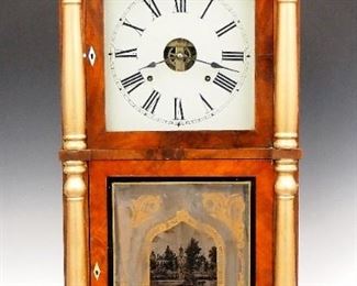 A 19th century Birge, Mallory & Co. double decker shelf clock.  8-day weight driven Strap Brass time and strike movement with painted metal dial and Roman numerals.  Mahogany case with carved Eagle crest, molded crown over dial door with clear glass and lower door with reverse painted glass, flanked by turned pilasters on plinth base.  Paper label 50% intact.  Older refinishing with minor wear, minor veneer damage, restored dial and painted glass, running momentarily when cataloged.  40 1/2" high.  ESTIMATE $100-150
