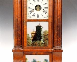 A 19th century Birge & Fuller double decker shelf clock.  8-day weight driven Strap Brass time and strike movement with painted wooden dial and Roman numerals.  Mahogany case with molded crown over a door with clear dial glass and lower reverse painted glass, lower door with reverse painted glass, flanked by turned pilasters on flat plinth.  Paper label 40% intact.  Older refinishing with minor wear, minor veneer loss, restored painted glasses, minor dial wear, running momentarily when cataloged.  32 1/2" high.  ESTIMATE $100-150
