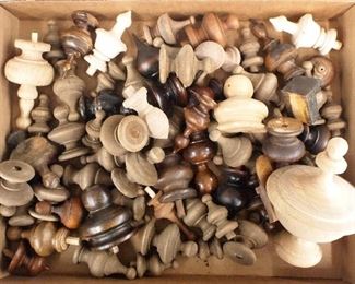 A collection of wooden clock finials.  Approx. twenty-five pieces total, of various ages and sizes.  As/Found.  ESTIMATE $20-30
