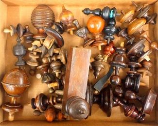 A collection of wooden clock finials.  Approx. twenty pieces total, of various ages and sizes, mostly older.  As/Found.  ESTIMATE $20-30
