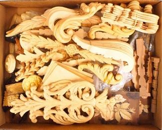 A collection of wooden decorative clock case parts.  Approx. thirty pieces total.  Unfinished, As/Found.  Up to 10" long.  ESTIMATE $20-30
