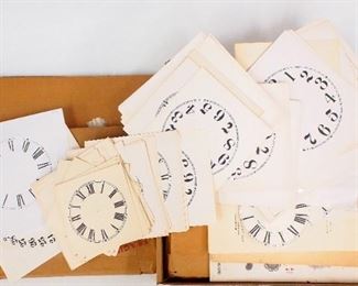 Over 50 paper replacement clock dials.  Various sizes from 4" to 12" including some calendar dials.  As/Found.  ESTIMATE $20-30
