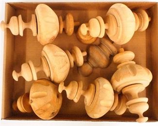 Six new clock finials.  Large, three piece design in Pine.  Unfinished, As/Found.  Each 7 1/4" high.  ESTIMATE $20-30
