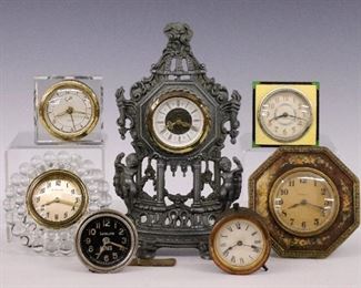 Four small 20th century alarm clocks including a Waterbury "Gale" model and three Westclox "Big Ben" models.  Some with minor damage and discoloration, Waterbury lacking feet, not tested, sold as-is.  Up to 6" high.  ESTIMATE $100-200
