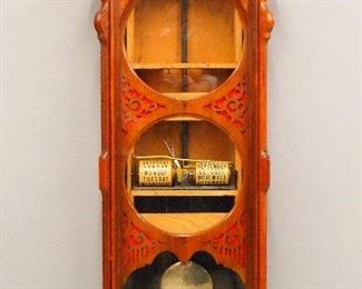A late 19th century Ithaca No. 0 Double Dial Calendar clock case and parts.  Refinished with minor wear, partial upper movement, replaced finials, re-papered dials, replaced crest and drop.  59 3/4" high overall.  ESTIMATE $400-600
