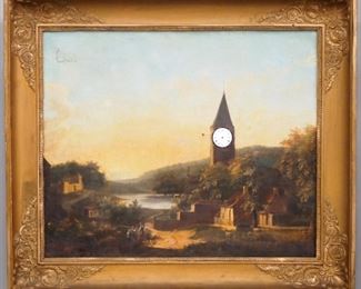 A 19th century Swiss picture clock.  Oil on canvas village scene with clock tower in a hinged gilded frame.  8-day time and strike movement with porcelain dial.  Lacks music box, interior parts and hands, painting restored, damage to frame, not running.  31 x 7 1/4 x 27" high overall.  ESTIMATE $200-300