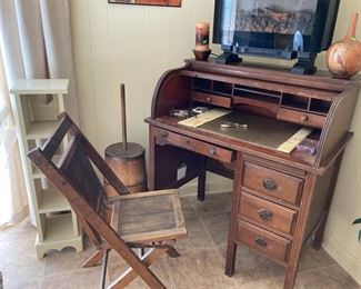 Antique roll top desk, small, chair and churn