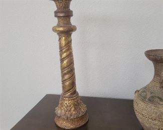 Set of two heavy gold inlay candlesticks.