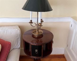 PAIR (2) DRUM Duncan Phyfe End Tables along with a pair of Louis XVI style bronze, and tole three  light bouilotte lamps